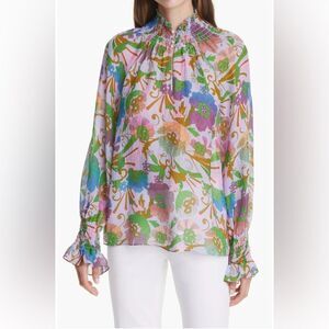Tanya Taylor Alexis Top in Floral Print with Mock Neck, Size Medium